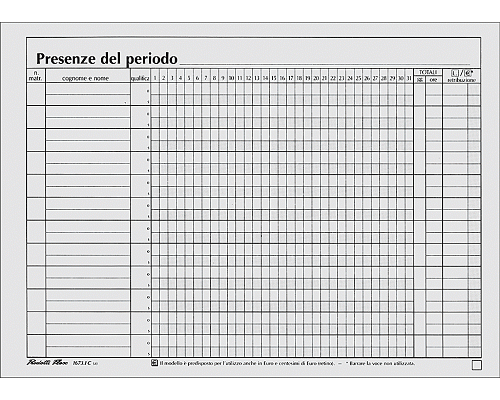 BLOCCO PRESENZE MENSILI 215 x 148mm 25 X 2 AUTORICALCANTIcop/fg